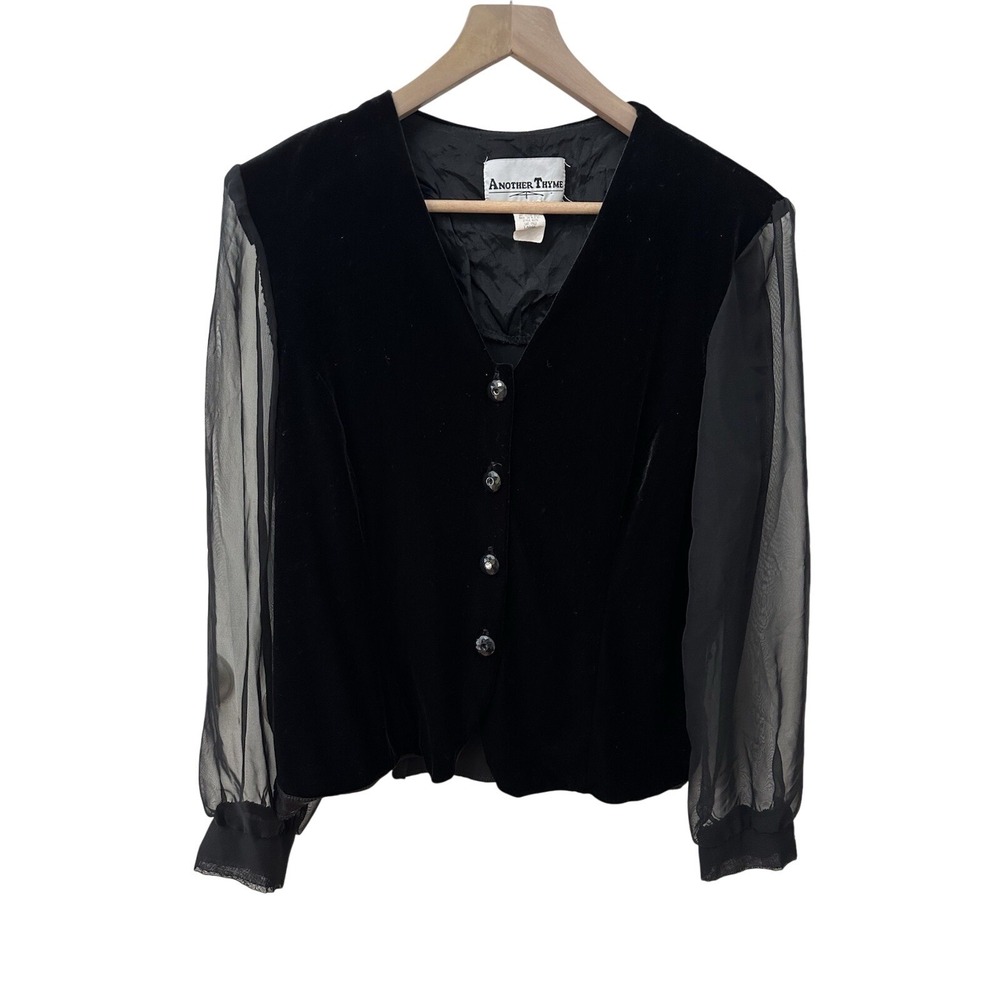 Another Thyme Blouse Sz L Black Velvet Sheer‎ Mesh Sleeve Vintage 90s Crystal